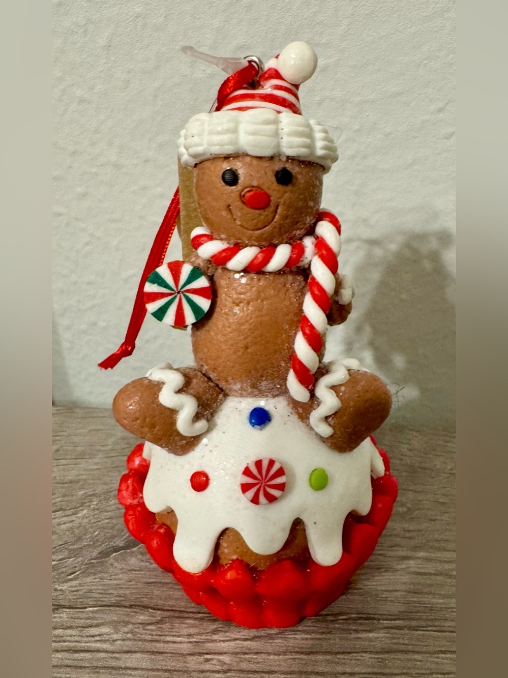 Holiday Time "Gingerbread Man on Cupcake" Christmas tree ornament. Standing 11.3